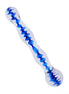 Lucent Spectre glass massager with a clear body and blue spiral design, featuring rounded ends for easy handling.
