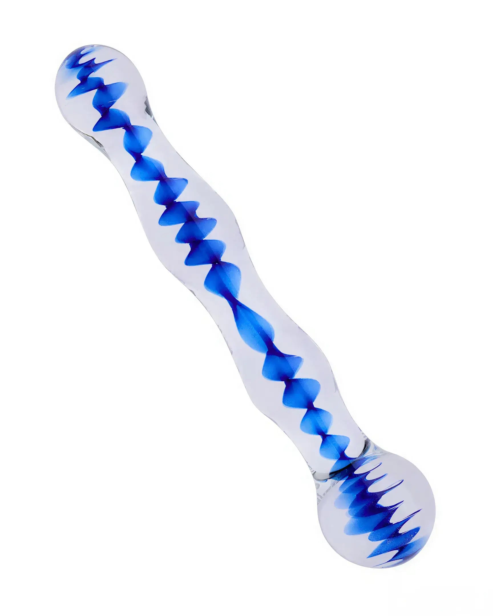 Lucent Spectre glass massager with a clear body and blue spiral design, featuring rounded ends for easy handling.