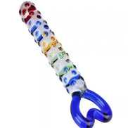 Lucent Kyle glass massager with a textured surface and colorful design, featuring blue and rainbow accents.
