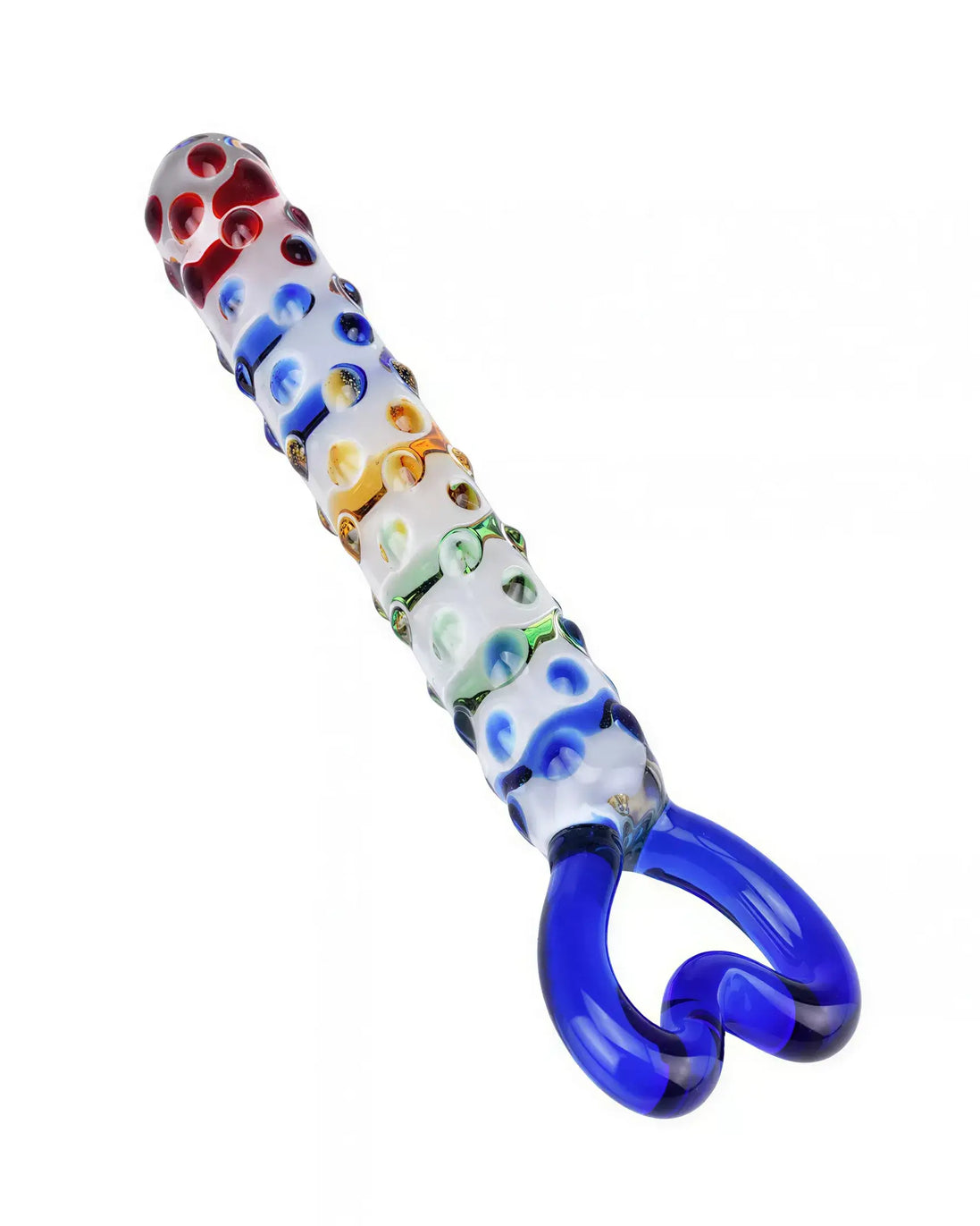 Lucent Kyle glass massager with a textured surface and colorful design, featuring blue and rainbow accents.