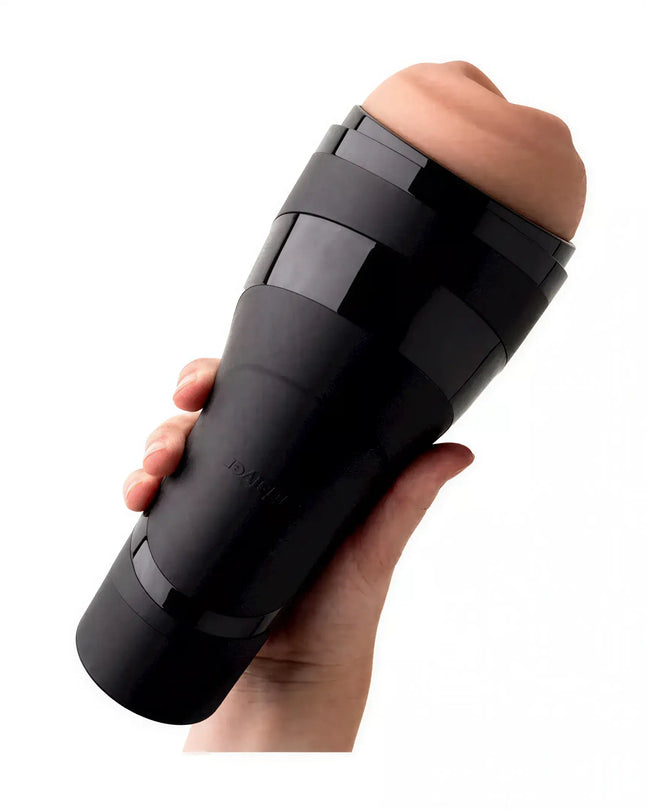 Satisfyer Men Classic in black with a realistic skin-like top, held in a hand against a white background.