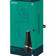 Satisfyer Men Classic masturbator in a black and silver design, displayed in a teal box with minimalistic line art.