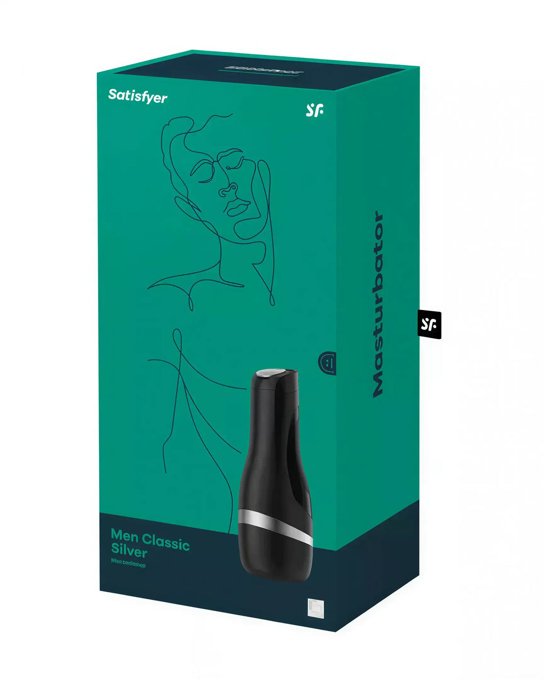 Satisfyer Men Classic masturbator in a black and silver design, displayed in a teal box with minimalistic line art.