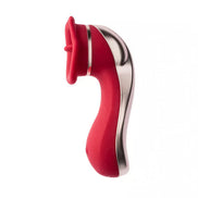 Chakra luxury tongue vibrator in red and silver, featuring a curved design and a textured tip for stimulation.