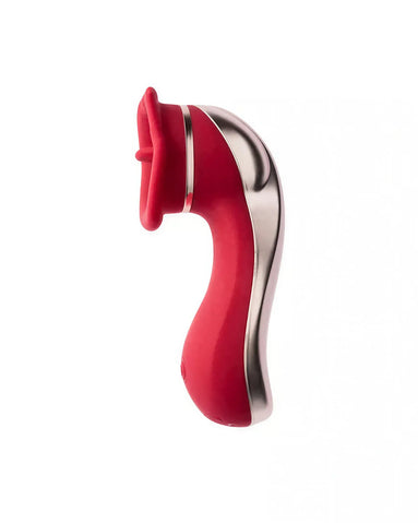 Chakra luxury tongue vibrator in red and silver, featuring a curved design and a textured tip for stimulation.