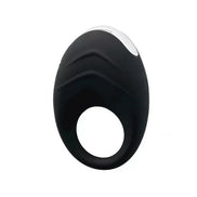 Black vibrating cock ring with a smooth surface and ergonomic design, featuring a circular opening.