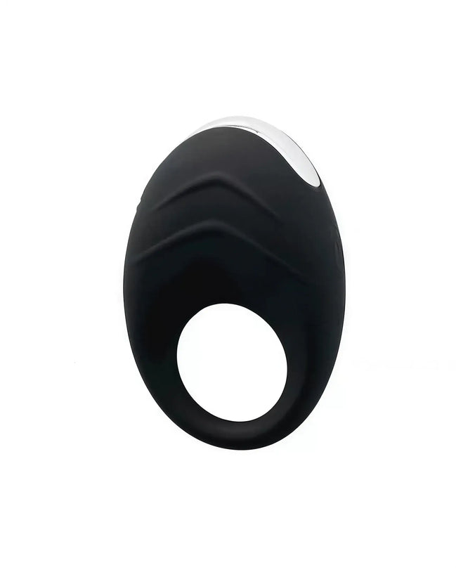 Black vibrating cock ring with a smooth surface and ergonomic design, featuring a circular opening.