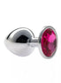 Share Satisfaction Kinki Range alloy gem butt plug with a shiny silver finish and a large pink gem on the base.