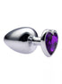 Alloy love heart gemmed butt plug with a shiny silver finish and a purple heart-shaped gem at the base, measuring 3.7 inches.