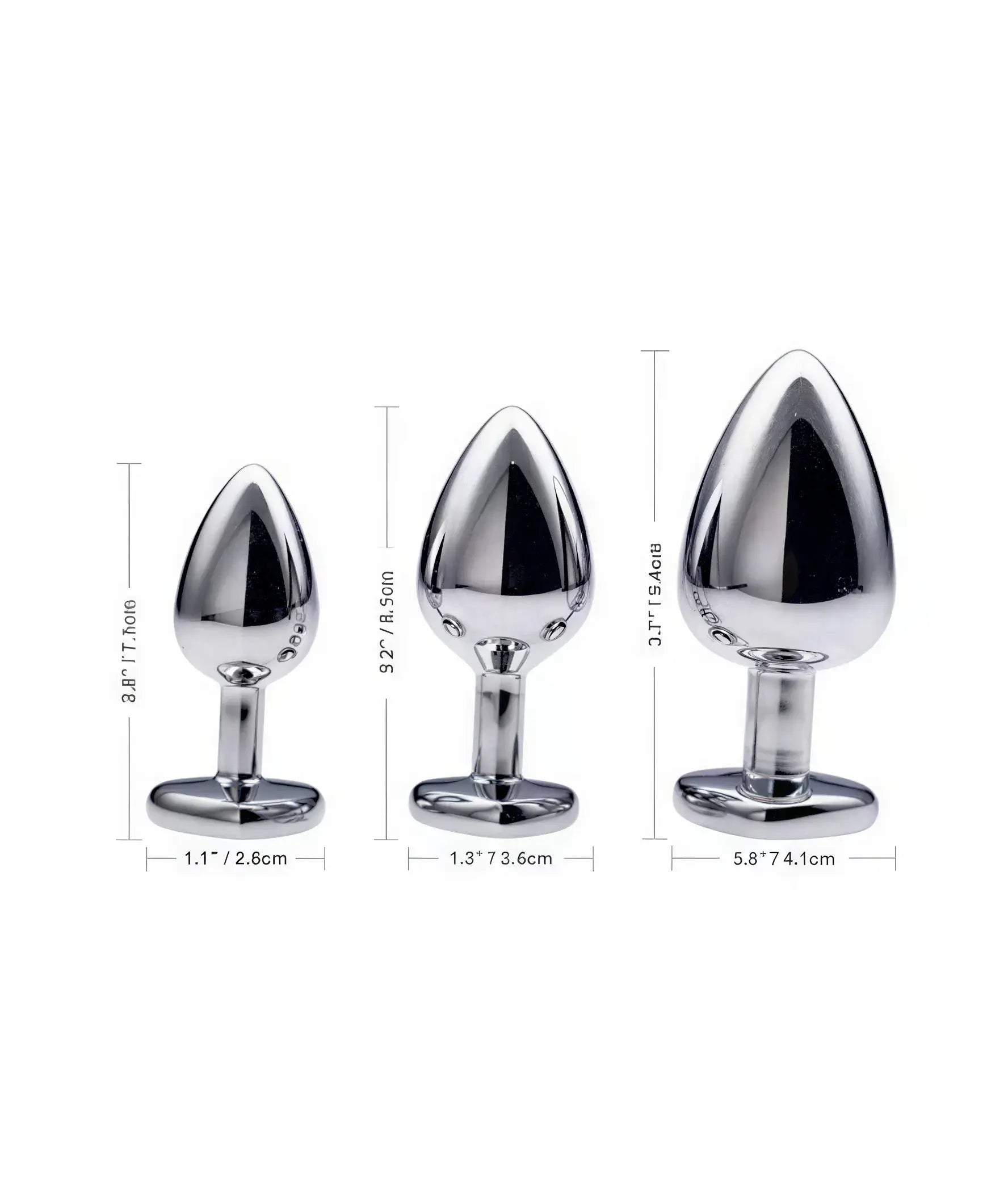 Share Satisfaction Kinki Range alloy love heart gemmed butt plug, 3.7 inches, shiny silver finish with a heart-shaped gem.