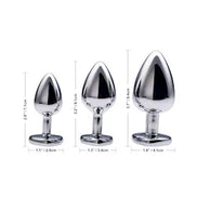 Three metallic butt plugs with measurements on a white background