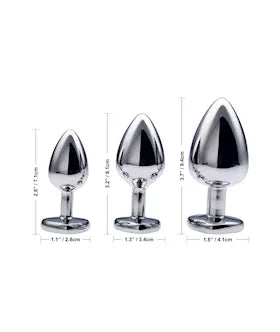 Three metallic butt plugs with measurements on a white background