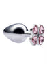 Share Satisfaction Kinki Range flower gem butt plug with a shiny silver finish and four pink gemstone accents.