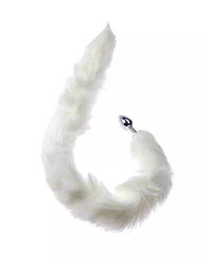 White fur-like product with a anal plug on a white background