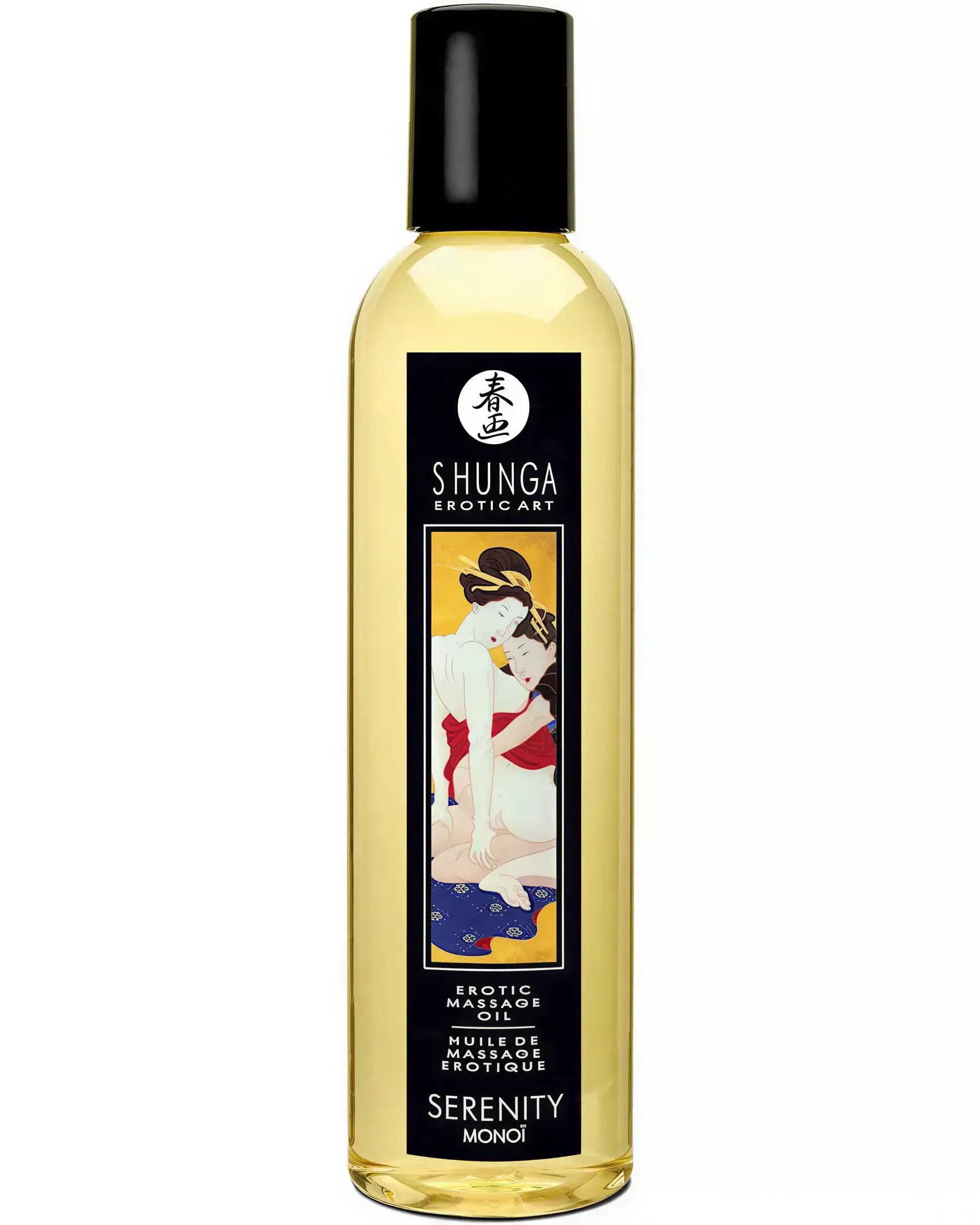Shunga Serenity Monoi massage oil in a clear bottle with a decorative label featuring a couple.