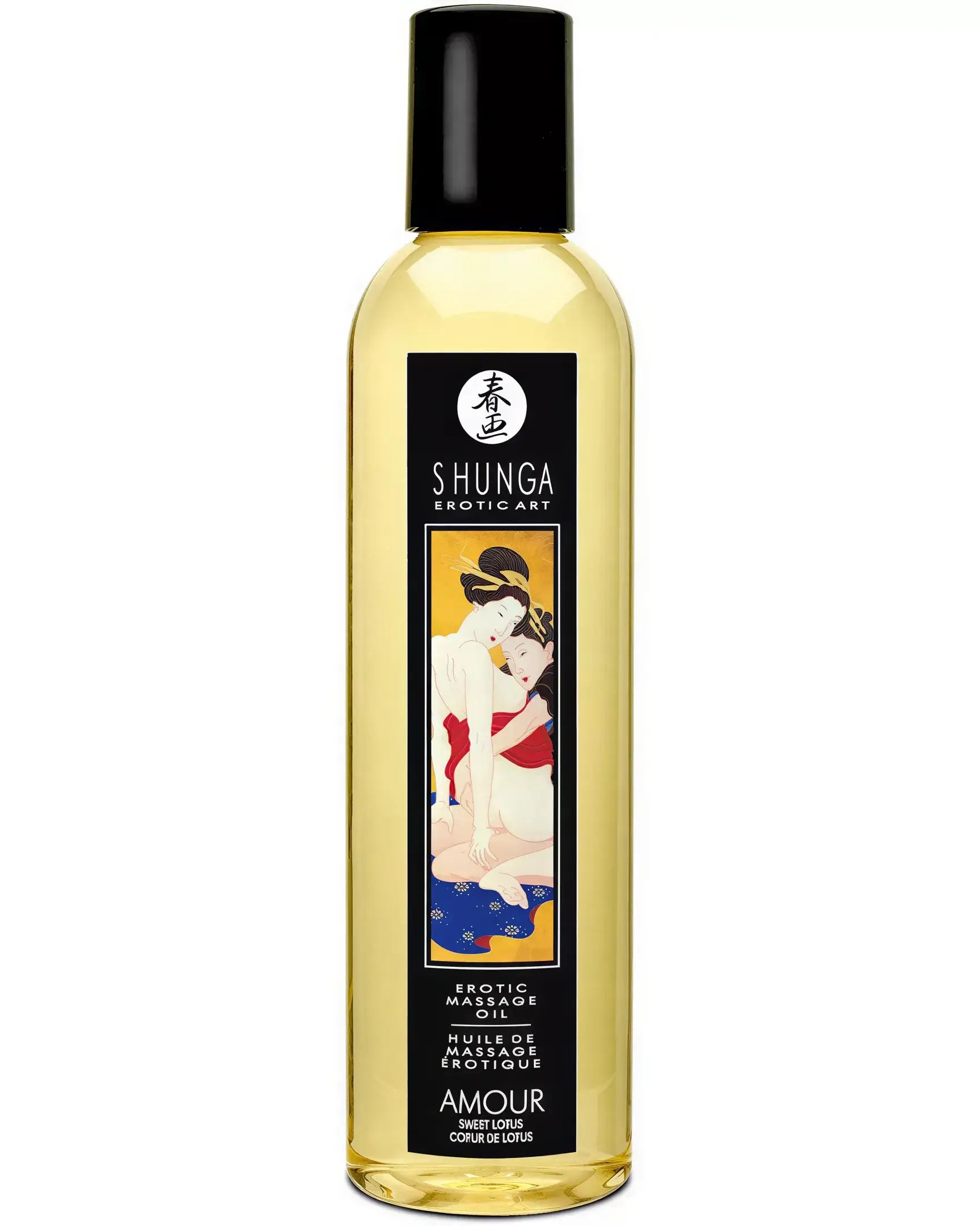 Shunga Amour sweet lotus massage oil in a clear bottle with a black label featuring a couple in an intimate pose.