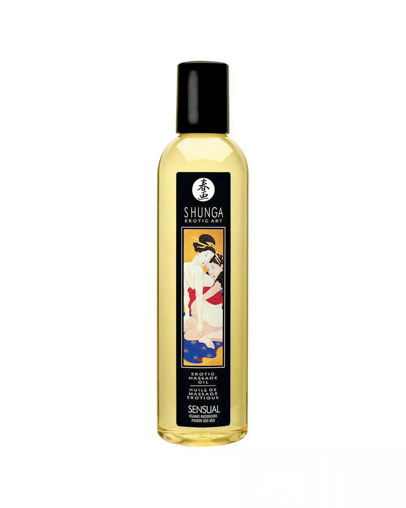 Shunga Massage Oil Island Blossoms in a clear bottle with a black cap and decorative label featuring a couple.