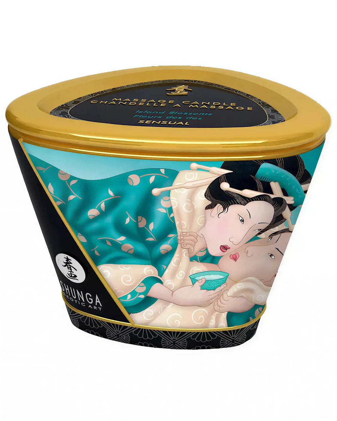 Shunga massage candle Island Blossoms in a decorative container featuring a colorful design of two women.