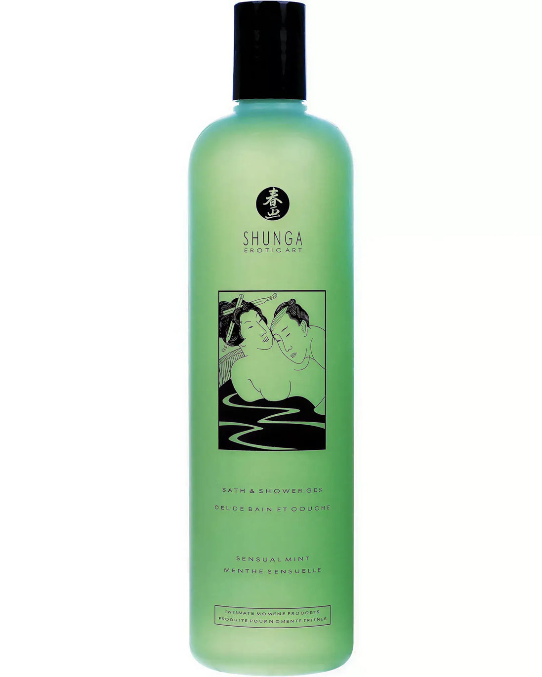 Shunga sensual mint shower gel in a green bottle with an illustration of a couple in a bath.