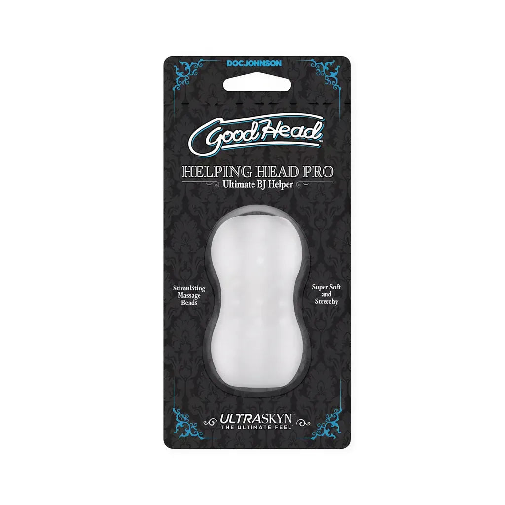 Goodhead Helping Head Pro Mini-Stroker in clear packaging with black and blue design, featuring product details and branding.