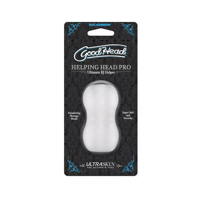 Goodhead Helping Head Pro Mini-Stroker in clear packaging with black and blue design, featuring product details and branding.