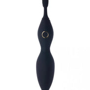 Black Tanda clitoral vibrator with textured tip and gold accent, featuring a power button in the center.