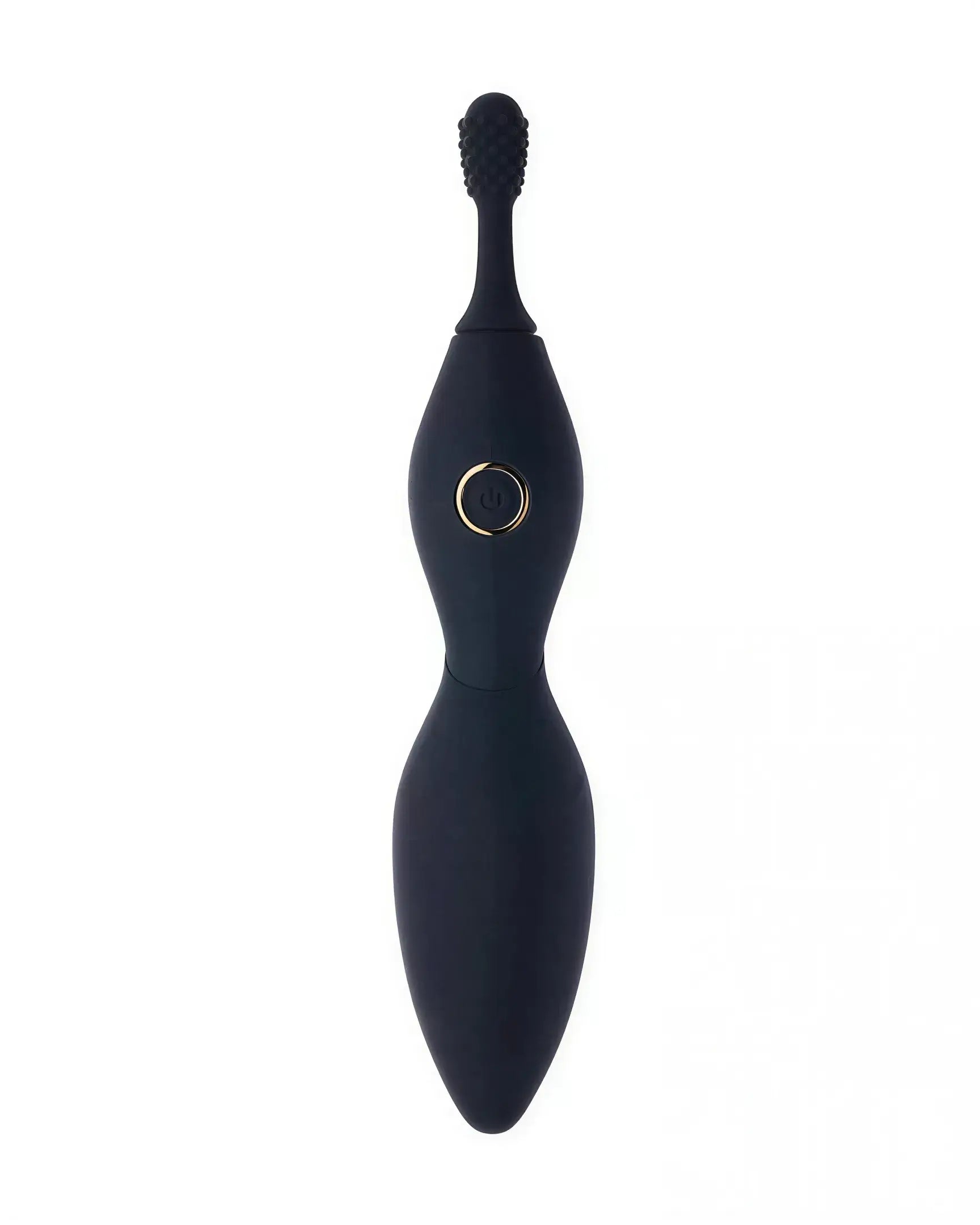 Black Tanda clitoral vibrator with textured tip and gold accent, featuring a power button in the center.