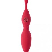 Share Satisfaction Tanda clitoral vibrator in red, featuring a textured tip and a smooth, curved body design.