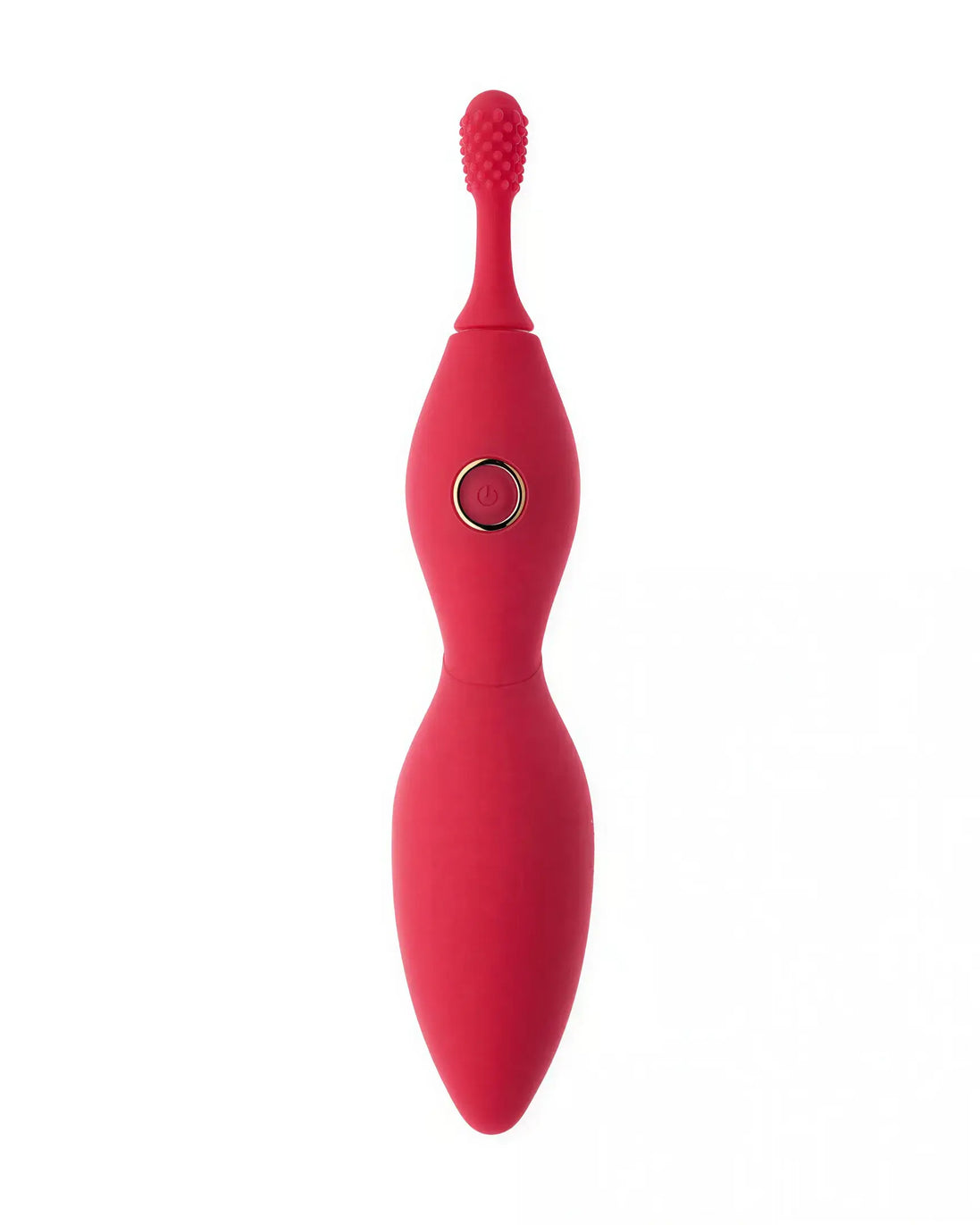Share Satisfaction Tanda clitoral vibrator in red, featuring a textured tip and a smooth, curved body design.