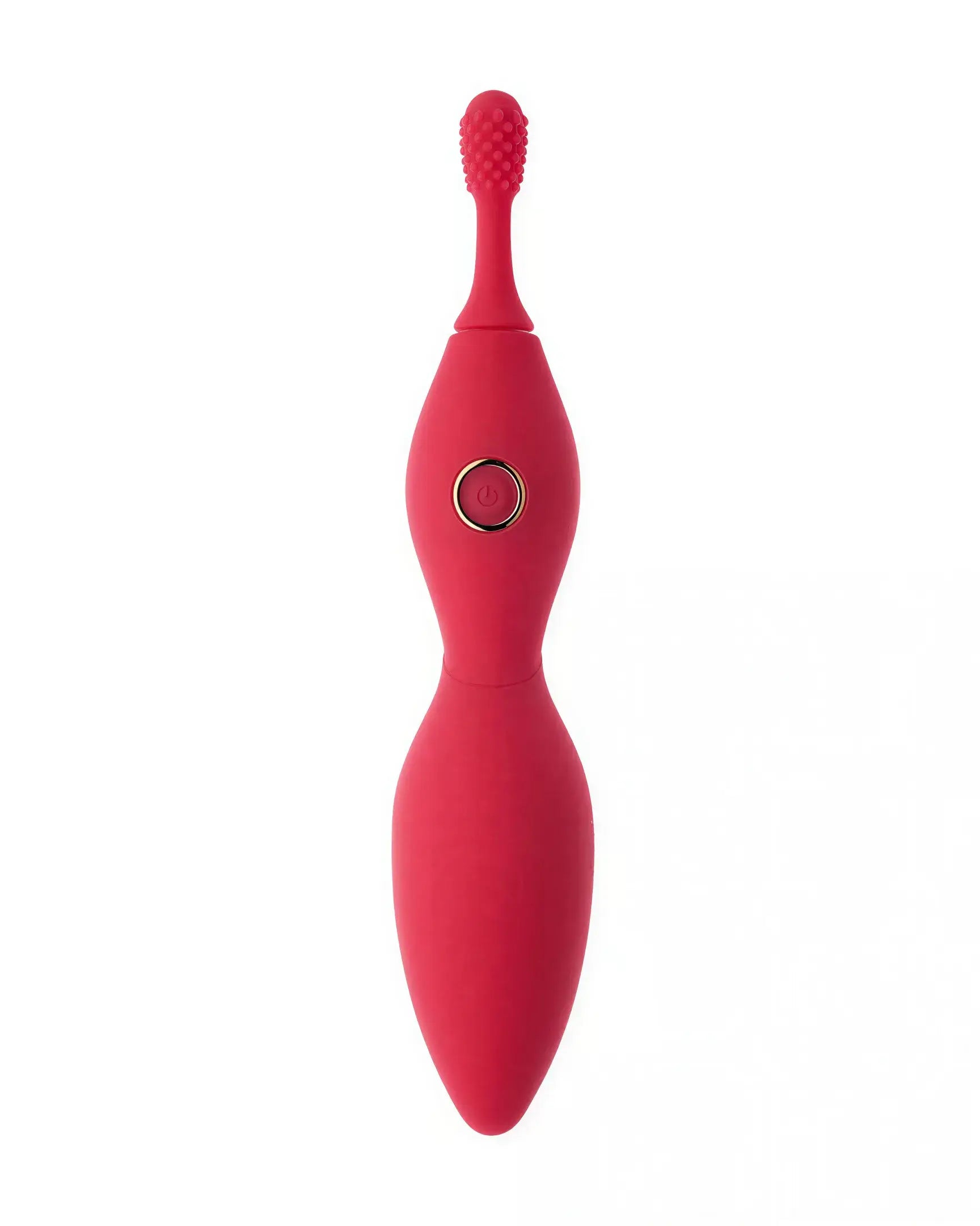 Share Satisfaction Tanda clitoral vibrator in red, featuring a textured tip and a smooth, curved body design.