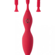 Share Satisfaction Tanda clitoral vibrator in red with two interchangeable textured attachments.