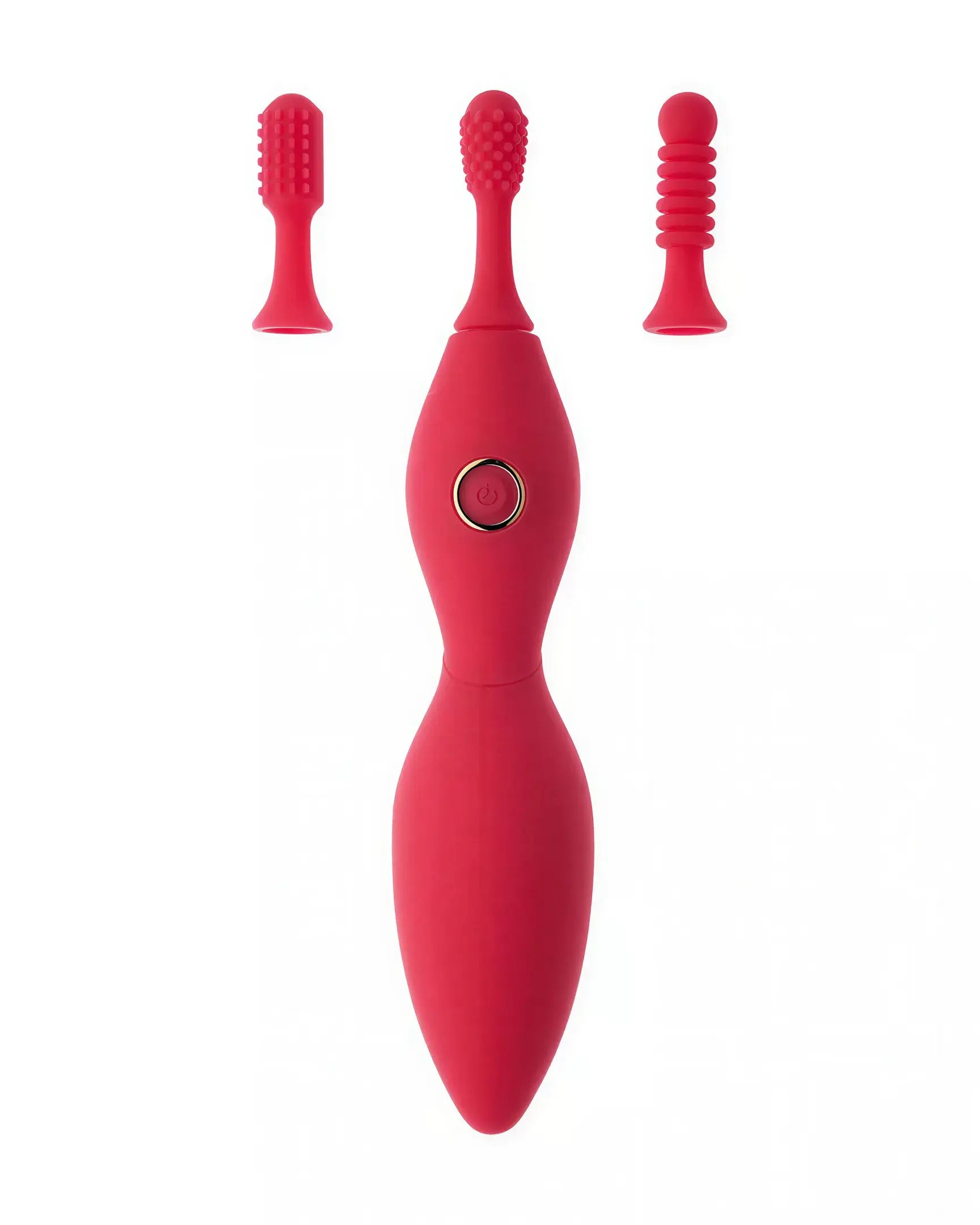 Share Satisfaction Tanda clitoral vibrator in red with two interchangeable textured attachments.