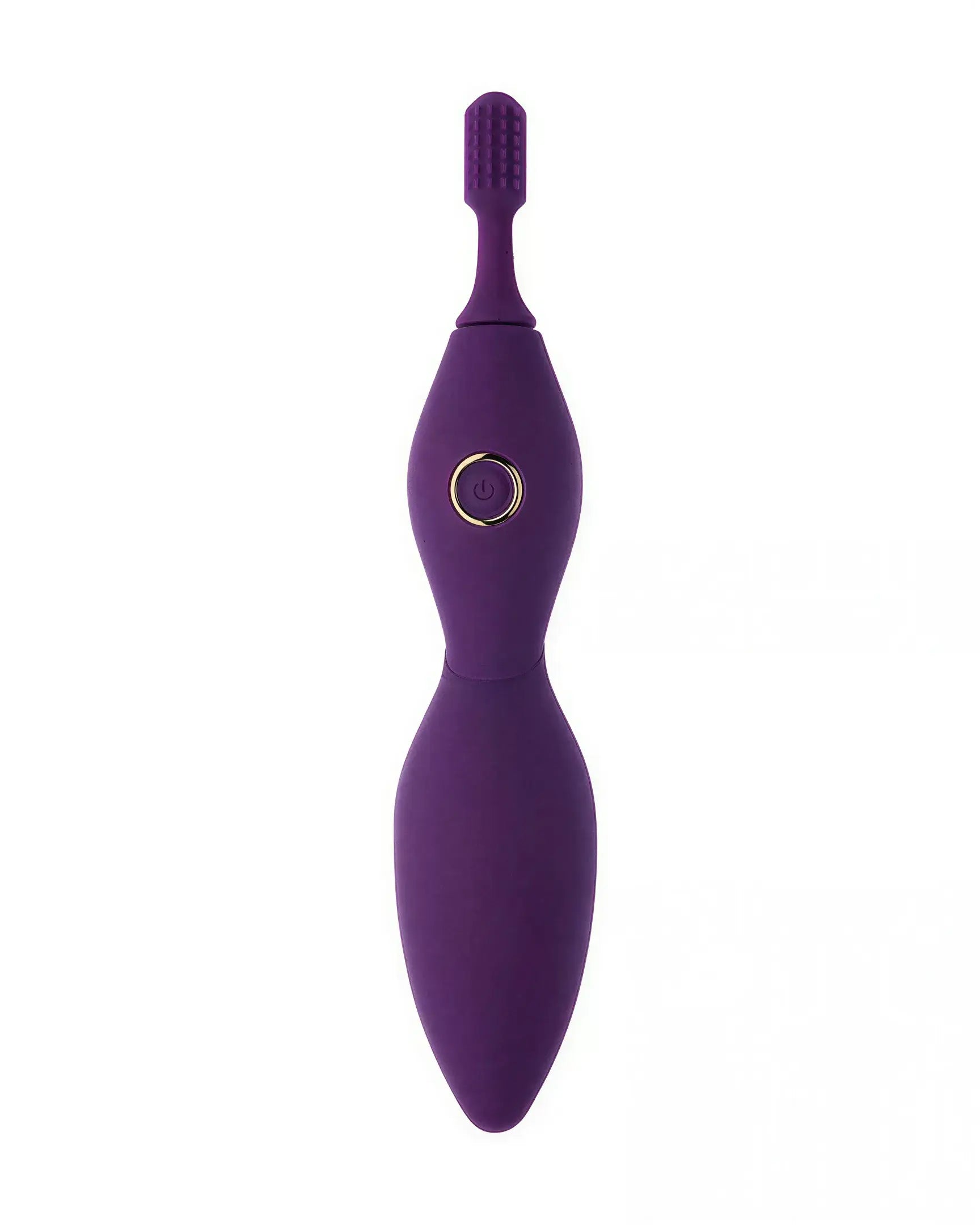 Purple Tanda clitoral vibrator with textured tip and power button, featuring a sleek, ergonomic design.