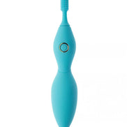 Share Satisfaction Tanda clitoral vibrator in turquoise with a textured tip and power button, angled for ergonomic use.