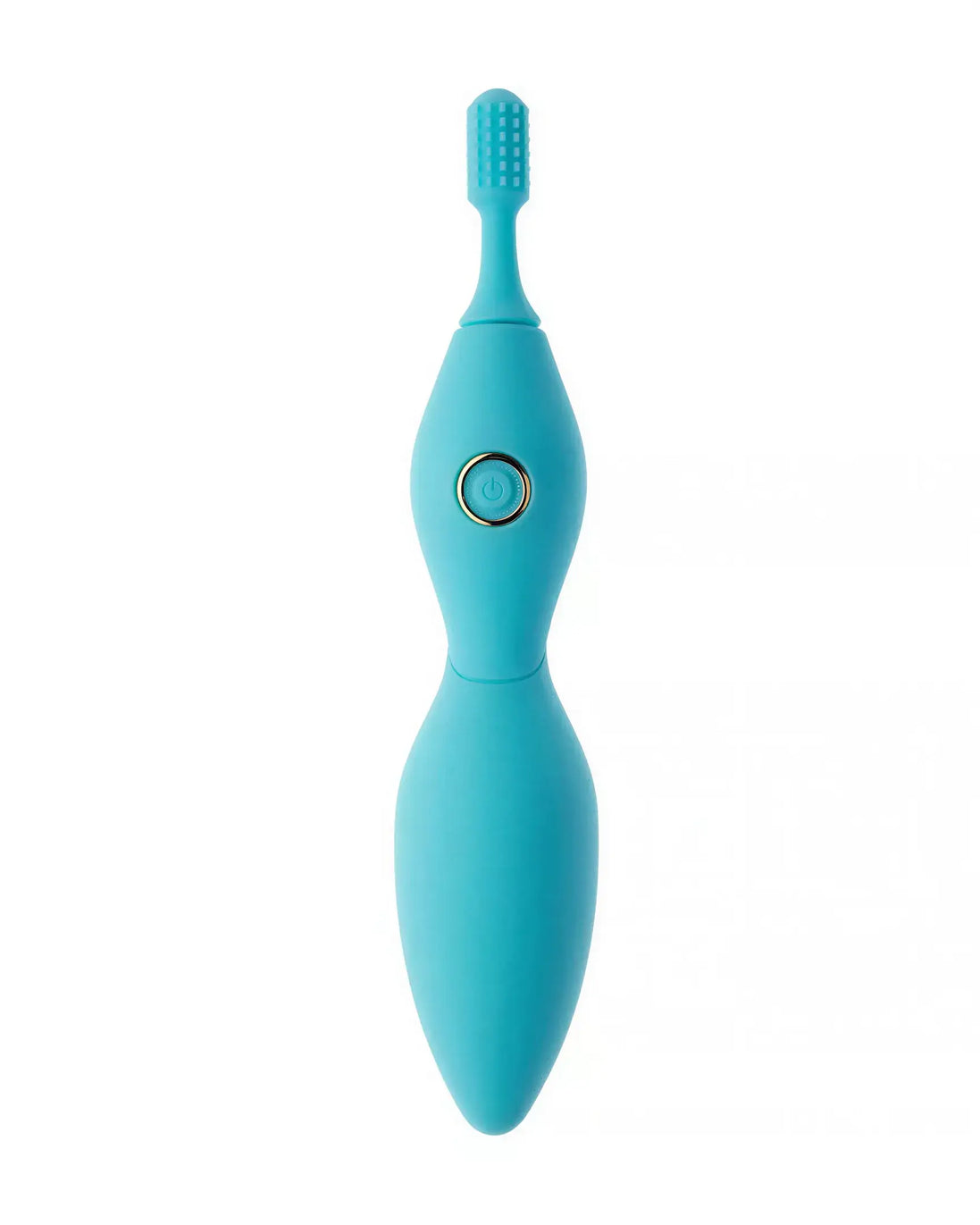 Share Satisfaction Tanda clitoral vibrator in turquoise with a textured tip and power button, angled for ergonomic use.