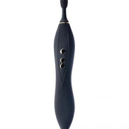 Share Satisfaction Thana clitoral vibrator in black with textured tip and control buttons on the side.