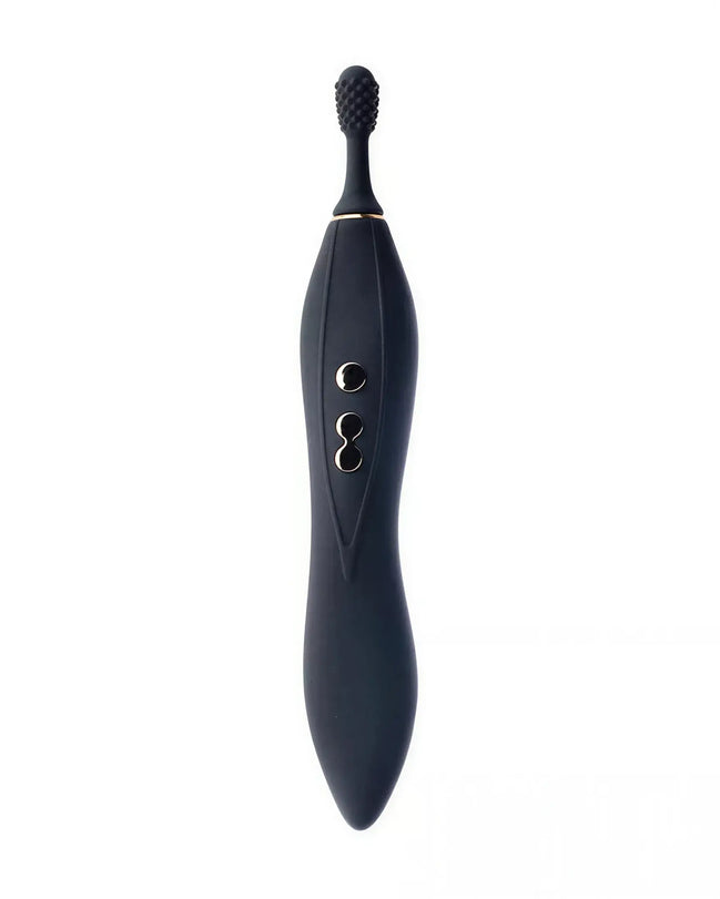 Share Satisfaction Thana clitoral vibrator in black with textured tip and control buttons on the side.