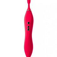 Share Satisfaction Thana clitoral vibrator in bright pink with textured tip and control buttons on the side.
