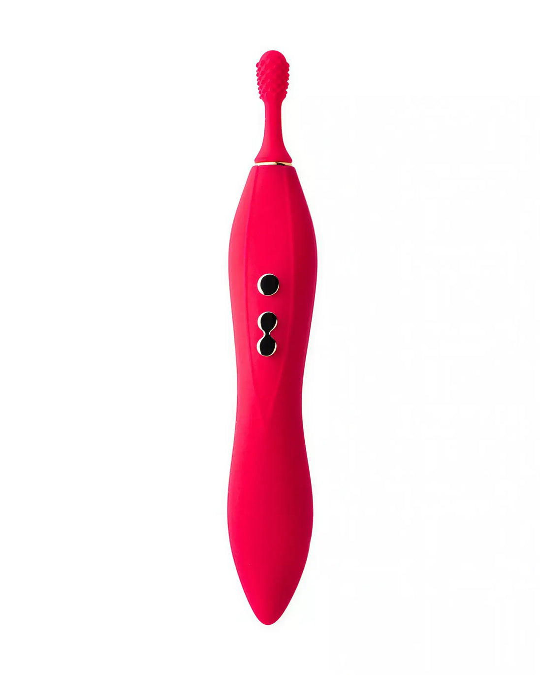Share Satisfaction Thana clitoral vibrator in bright pink with textured tip and control buttons on the side.