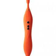 Share Satisfaction Thana clitoral vibrator in bright orange with textured tip and control buttons.