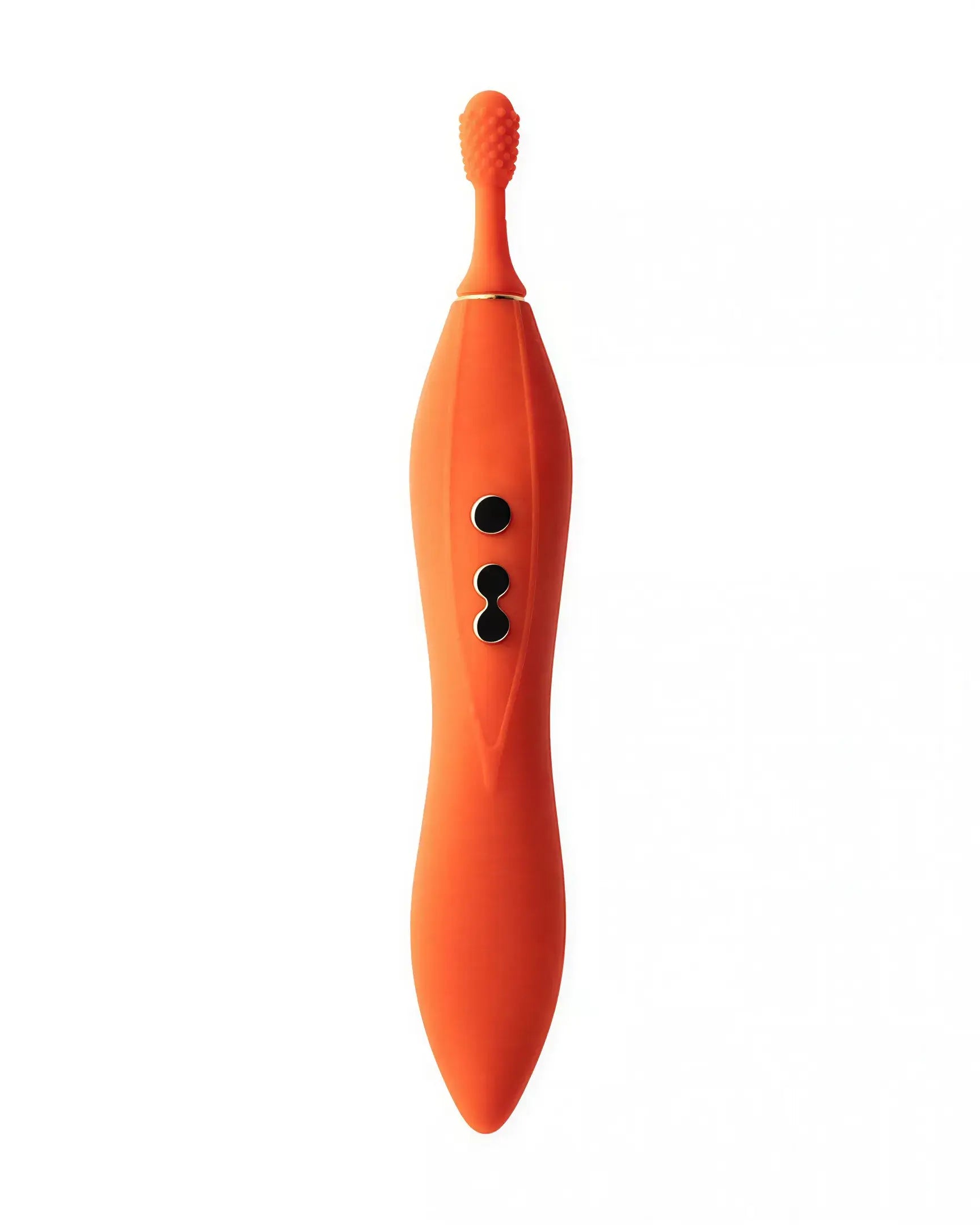 Share Satisfaction Thana clitoral vibrator in bright orange with textured tip and control buttons.