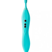 Thana clitoral vibrator in teal, featuring a textured tip and two control buttons for adjustable settings.