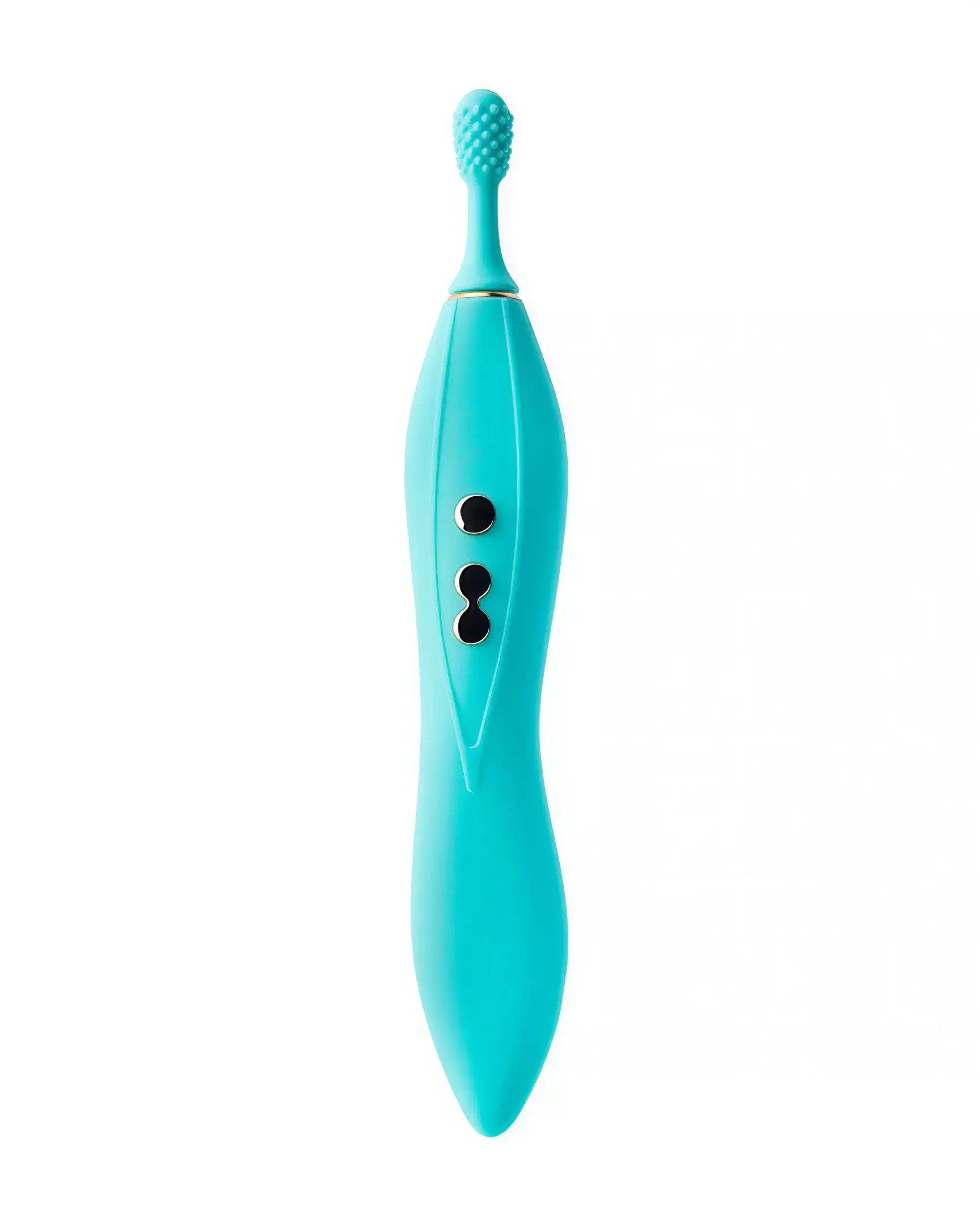 Thana clitoral vibrator in teal, featuring a textured tip and two control buttons for adjustable settings.
