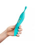 Thana clitoral vibrator in teal held by a hand, featuring a textured tip and control buttons.