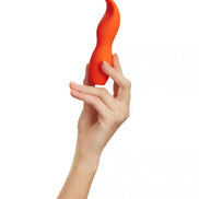 Share Satisfaction Kade external vibrator held in a hand, featuring a curved, vibrant orange design.
