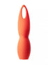 Share Satisfaction Baia clitoral vibrator in bright orange silicone with a curved shape and finger loop for easy handling.