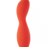 Cary bulbed vibrator in bright red silicone with a smooth, curved design for ergonomic use.