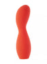 Cary bulbed vibrator in bright red silicone with a smooth, curved design for ergonomic use.