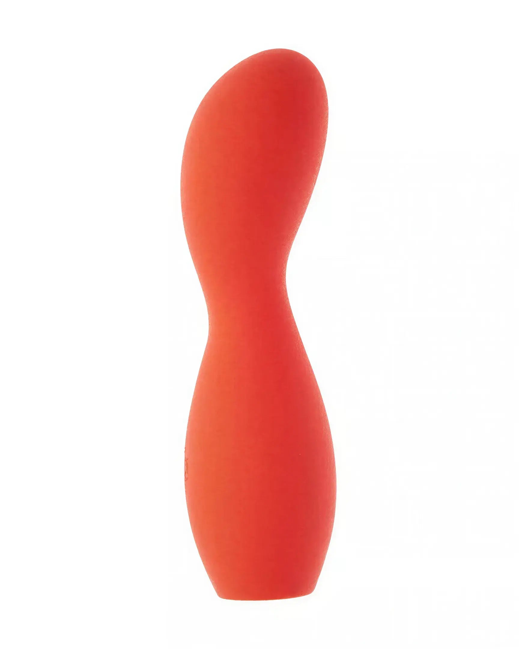 Cary bulbed vibrator in bright red silicone with a smooth, curved design for ergonomic use.