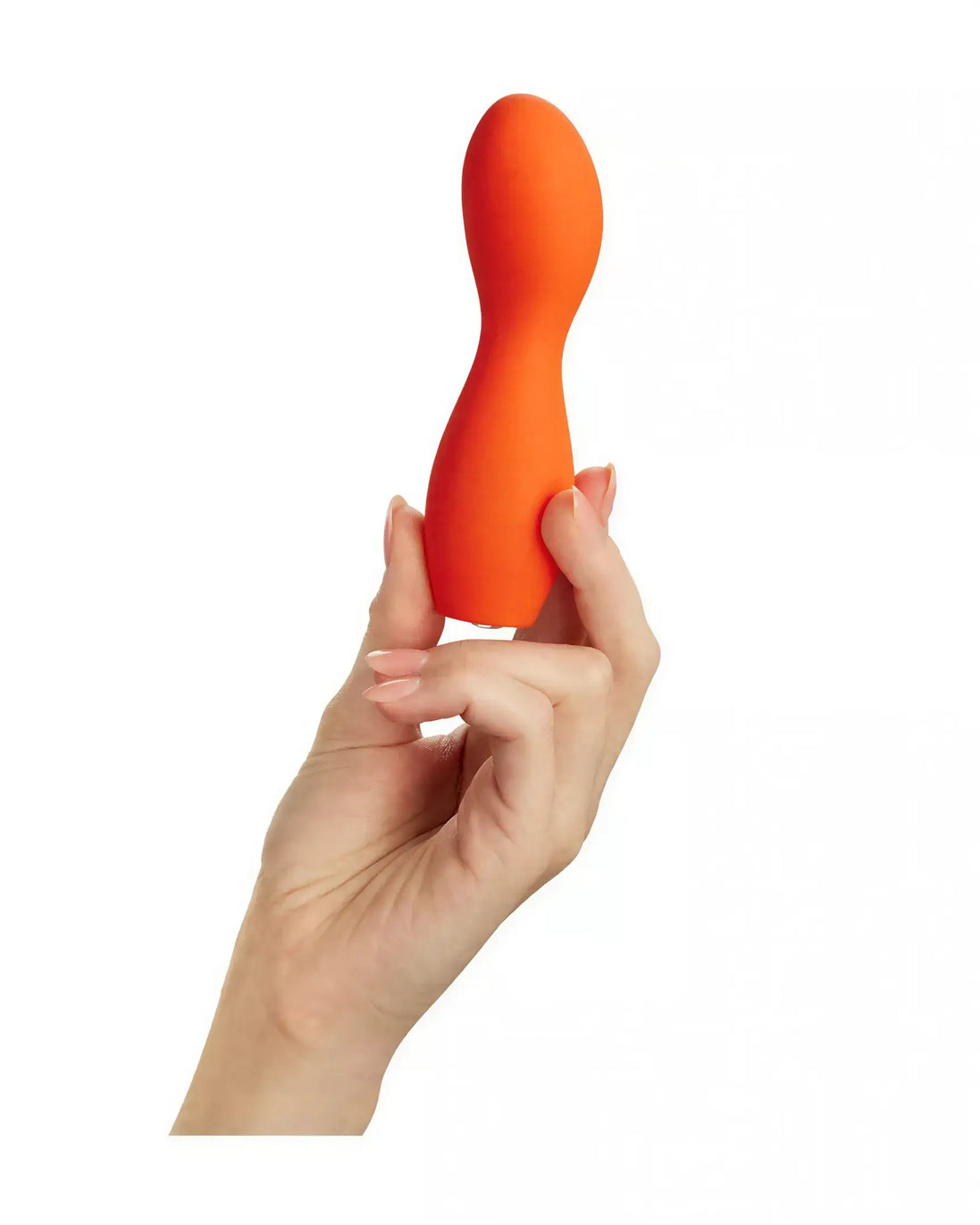 Cary bulbed vibrator held in a hand, featuring a smooth, curved design in bright orange silicone.